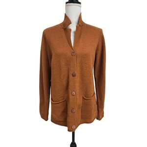 Gudrun Sjoden 100% Organic Wool Button Front Cardigan Sweater Orange Brown Sz M